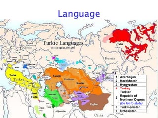 1 Azerbaijan
2 Kazakhstan
3 Kyrgyzstan
4 Turkey
5
Turkish
Republic of
Northern Cyprus
(De facto state)
6 Turkmenistan
7 Uzbekistan
 