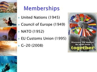  United Nations (1945)
 Council of Europe (1949)
 NATO (1952)
 EU Customs Union (1995)
 G-20 (2008)
 