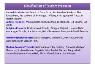Classification of Tourism Products:
Natural Products: Sea Beach of Cox's Bazar, Sea Beach of Kuakata, The
Sundarbans, Tea gardens of Srimongal, Jafflong, Chittagong Hill Tracts, St
Martin's Island.
Cultural Products: Manipuri Dance, Durga Puja, Langalband, Eid-ul Azha, Eid-
ul Fitr.
Religious Products: Dhakeshwari Temple, Dinajpur Rajbadi, Husaini Dalan,
Kantanagar Temple, Star Mosque, Baitul Mukarram Mosque, Adinath Temple.
Archaeological products: Mahasthangarh, Mainamati, Paharpur, Panam,
Wari-Bateshwar, Lalbagh Fort.
Modern Tourism Products: National Assembly Building, National Martyrs'
Memorial, Shaheed Minar, Bagakain Lake, Baldah Garden, Bangladesh
National Museum, Curzon Hall, Ahsan Manzil, Lawacchara Forest.
 