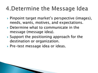 







Pinpoint target market’s perspective (images),
needs, wants, motives, and expectations.
Determine what to communicate in the
message (message idea).
Support the positioning approach for the
destination or organization.
Pre-test message idea or ideas.

 