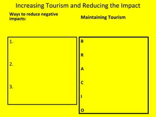 Increasing Tourism and Reducing the Impact
Ways to reduce negative
impacts:
1.
2.
3.
Maintaining Tourism
B
R
A
C
I
O
 