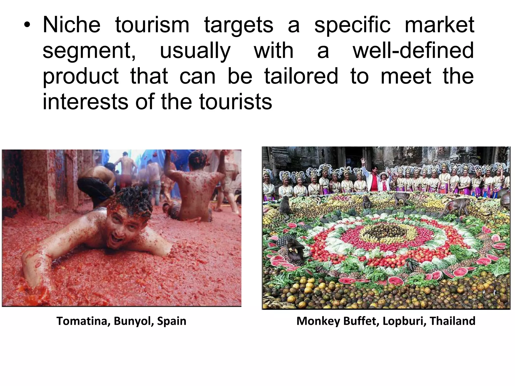 • Niche tourism targets a specific market 
segment, usually with a well-defined 
product that can be tailored to meet the 
interests of the tourists 
Tomatina, Bunyol, Spain Monkey Buffet, Lopburi, Thailand 
 