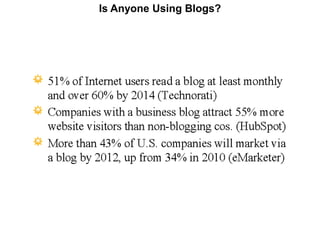 Why Visit a Blog?




Source: http://www.slideshare.net/crbrook/state-of-the-blogosphere-2011
 