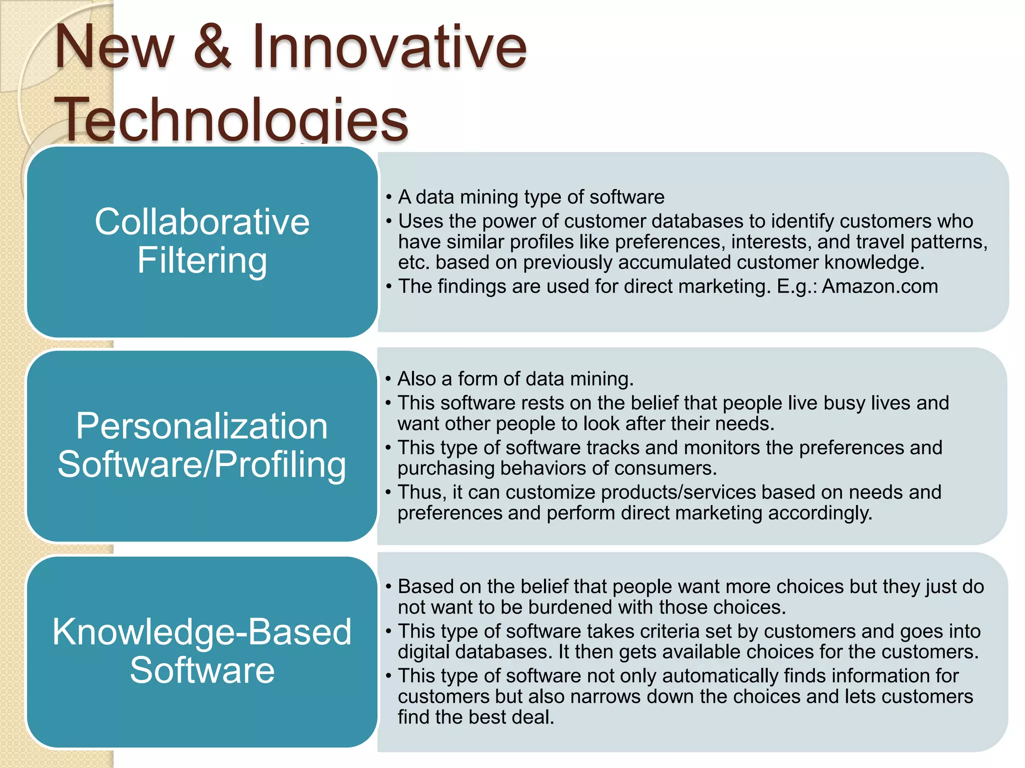 New & Innovative
Technologies
• A data mining type of software
• Uses the power of customer databases to identify customers who
have similar profiles like preferences, interests, and travel patterns,
etc. based on previously accumulated customer knowledge.
• The findings are used for direct marketing. E.g.: Amazon.com
Collaborative
Filtering
• Also a form of data mining.
• This software rests on the belief that people live busy lives and
want other people to look after their needs.
• This type of software tracks and monitors the preferences and
purchasing behaviors of consumers.
• Thus, it can customize products/services based on needs and
preferences and perform direct marketing accordingly.
Personalization
Software/Profiling
• Based on the belief that people want more choices but they just do
not want to be burdened with those choices.
• This type of software takes criteria set by customers and goes into
digital databases. It then gets available choices for the customers.
• This type of software not only automatically finds information for
customers but also narrows down the choices and lets customers
find the best deal.
Knowledge-Based
Software
 