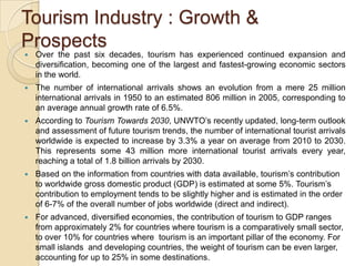Tourism Industry : Growth &
Prospects
 Over the past six decades, tourism has experienced continued expansion and
diversi...