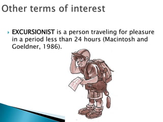 Other terms of interestEXCURSIONISTis a person traveling for pleasure in a period less than 24 hours (Macintosh and Goeldner, 1986).