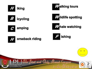 W alking tours
H
B
C
iking
W ildlife spotting
W hale watching
icycling
amping
F ishing
orseback riding
H
 