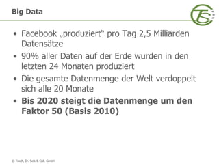 © Toedt, Dr. Selk & Coll. GmbH
• Facebook „produziert“ pro Tag 2,5 Milliarden
Datensätze
• 90% aller Daten auf der Erde wurden in den
letzten 24 Monaten produziert
• Die gesamte Datenmenge der Welt verdoppelt
sich alle 20 Monate
• Bis 2020 steigt die Datenmenge um den
Faktor 50 (Basis 2010)
Big Data
 