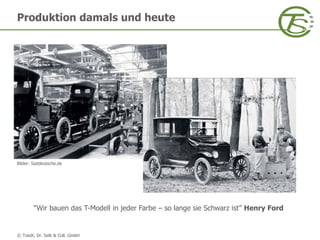 © Toedt, Dr. Selk & Coll. GmbH
Produktion damals und heute
“Wir bauen das T-Modell in jeder Farbe – so lange sie Schwarz ist” Henry Ford
Bilder: Süddeutsche.de
 
