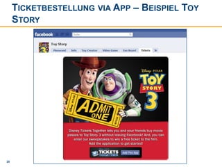 Ausblick – Was bringt die Zukunft?Facebook PlacesLocation Based Service – vgl. Gowalla, FoursquareEinchecken an einem Ort möglich => Freunde werden darüber informiertRabatte für das Einchecken (Bsp. Modeunternehmen Ann Taylor für das Einchecken 15% bzw. für den Major 25% Rabatt)Denkbar auch für Events, Messen, Hotels, etc.