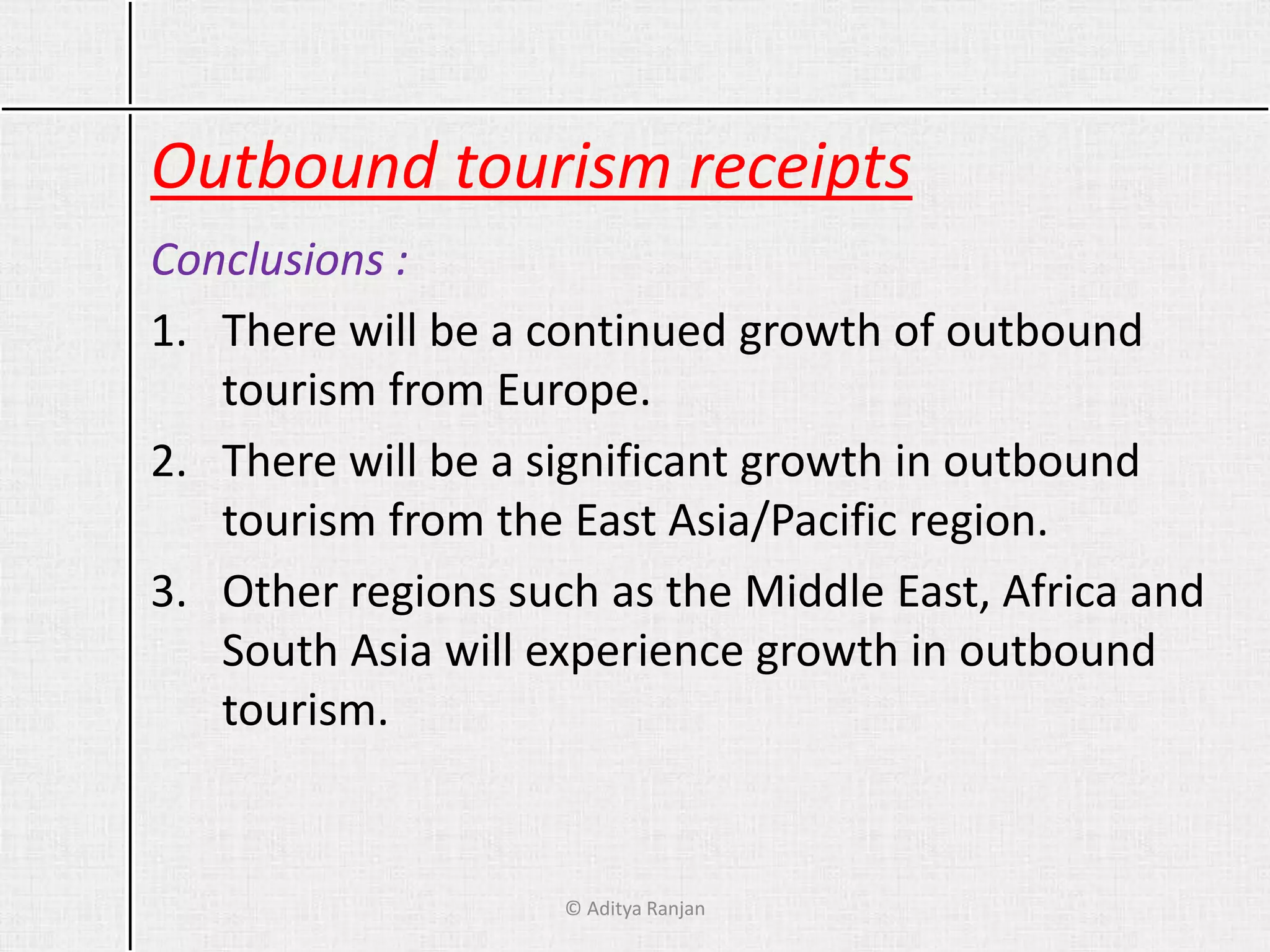 Outbound tourism receipts
Conclusions :
1. There will be a continued growth of outbound
tourism from Europe.
2. There will be a significant growth in outbound
tourism from the East Asia/Pacific region.
3. Other regions such as the Middle East, Africa and
South Asia will experience growth in outbound
tourism.
© Aditya Ranjan
 