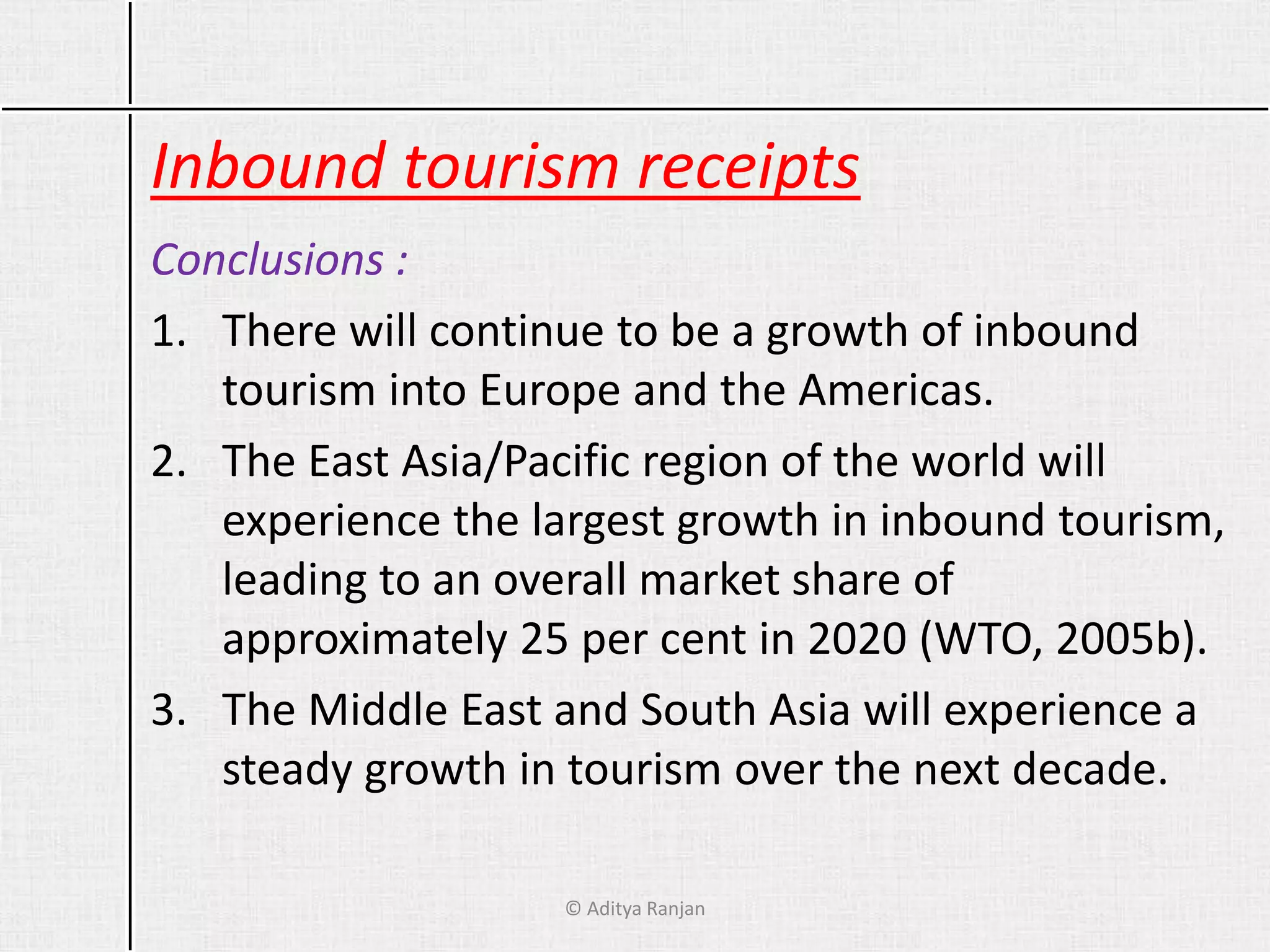 Inbound tourism receipts
Conclusions :
1. There will continue to be a growth of inbound
tourism into Europe and the Americas.
2. The East Asia/Pacific region of the world will
experience the largest growth in inbound tourism,
leading to an overall market share of
approximately 25 per cent in 2020 (WTO, 2005b).
3. The Middle East and South Asia will experience a
steady growth in tourism over the next decade.
© Aditya Ranjan
 