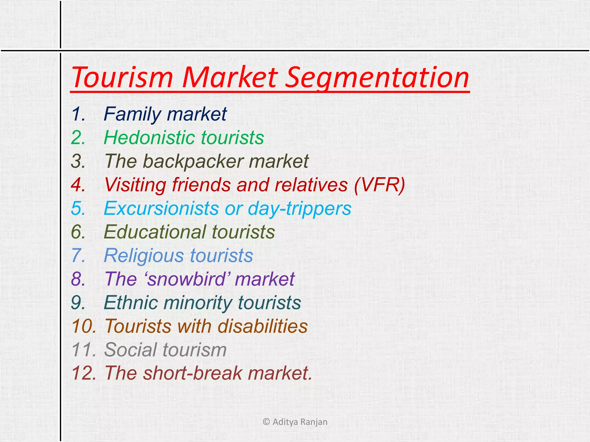 Tourism Market Segmentation
1. Family market
2. Hedonistic tourists
3. The backpacker market
4. Visiting friends and relatives (VFR)
5. Excursionists or day-trippers
6. Educational tourists
7. Religious tourists
8. The ‘snowbird’ market
9. Ethnic minority tourists
10. Tourists with disabilities
11. Social tourism
12. The short-break market.
© Aditya Ranjan
 