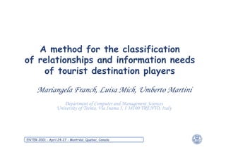 ENTER 2001 - April 24-27 - Montréal, Quebec, Canada
A method for the classification
of relationships and information needs
of tourist destination players
Mariangela Franch, Luisa Mich, Umberto Martini
Department of Computer and Management Sciences
University of Trento, Via Inama 5, I 38100 TRENTO, Italy
 