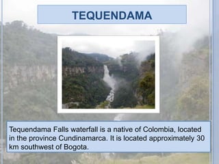 tequendamaTequendama Falls waterfall is a native of Colombia, located in the province Cundinamarca. It is located approximately 30 km southwest of Bogota.