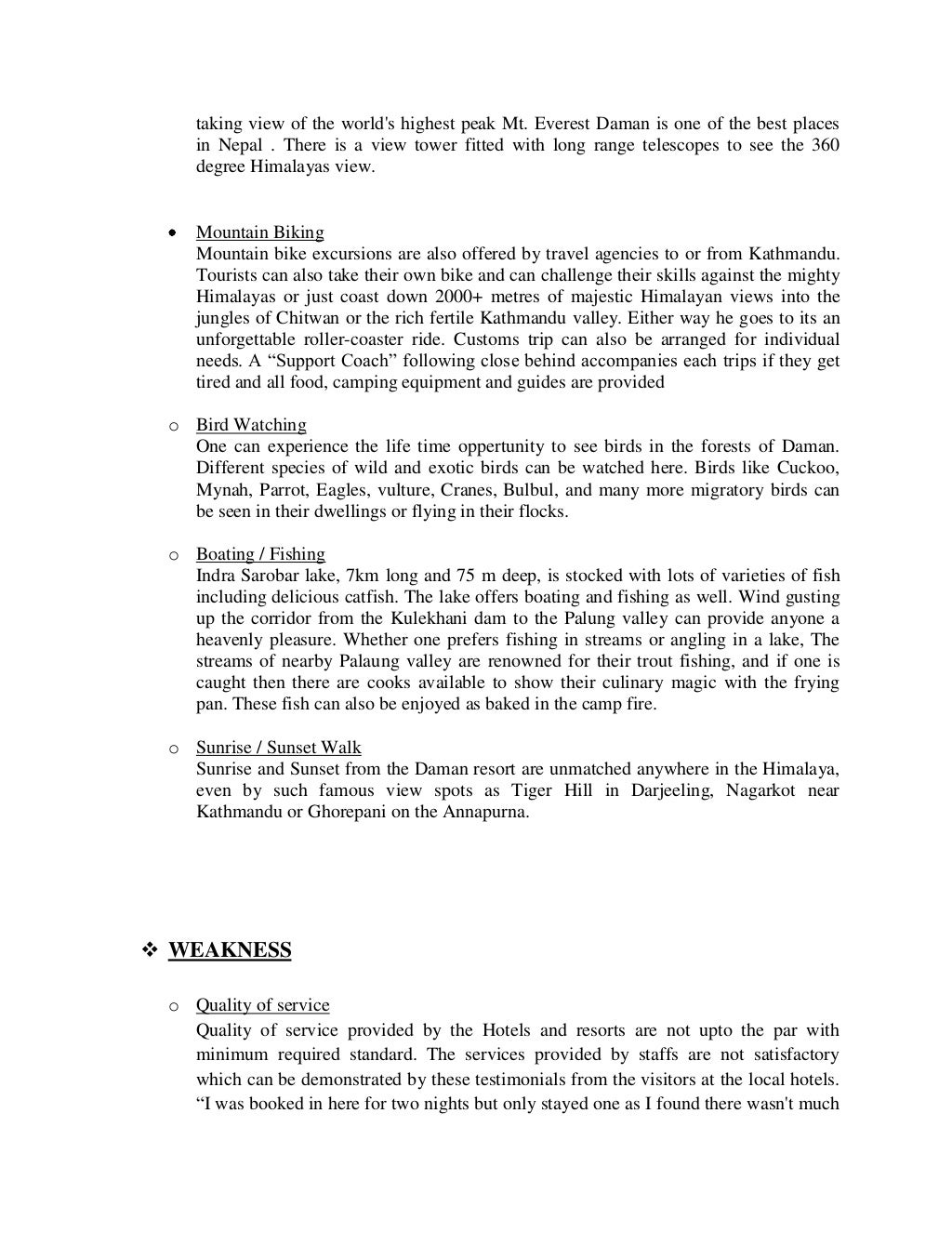 A sample report on tourist destination.