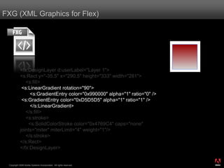 FXG (XML Graphics for Flex)




           <fx:DesignLayer d:userLabel="Layer 1">
           <s:Rect y="-35.5" x="290.5" height="333" width="281">
              <s:fill>
            <s:LinearGradient rotation="90">
                <s:GradientEntry color="0x990000" alpha="1" ratio="0" />
            <s:GradientEntry color="0xD5D5D5" alpha="1" ratio="1" />
                </s:LinearGradient>
              </s:fill>
              <s:stroke>
               <s:SolidColorStroke color="0x4769C4" caps="none"
           joints="miter" miterLimit="4" weight="1"/>
              </s:stroke>
           </s:Rect>
           </fx:DesignLayer>
                                                                           ®




 Copyright 2008 Adobe Systems Incorporated. All rights reserved.
 