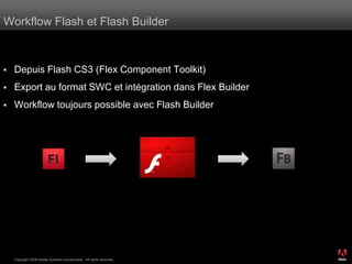 Workflow Flash et Flash Builder



   Depuis Flash CS3 (Flex Component Toolkit)
   Export au format SWC et intégration dans Flex Builder
   Workflow toujours possible avec Flash Builder




                                                                      ®




    Copyright 2008 Adobe Systems Incorporated. All rights reserved.
 