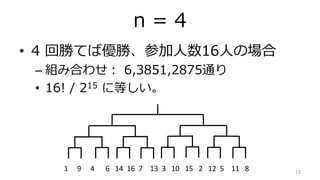 n = 4
? 4 ؄٤ƤЃ١μ16ˤΈ
C MߺϤ碌 6,3851,2875ͨ
? 16! / 215 ˵Ȥ
121 9 4 6 14 16 7 13 3 10 15 2 12 5 11 8
 