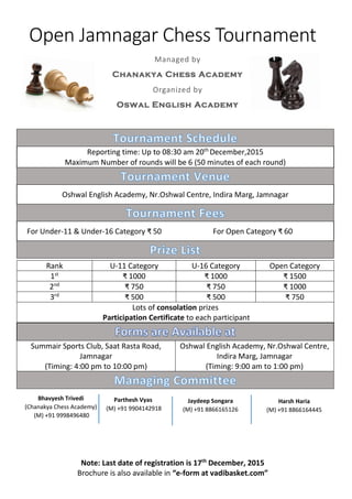 Open Jamnagar Chess Tournament
Note: Last date of registration is 17th
December, 2015
Brochure is also available in “e-form at vadibasket.com”
Managed by
Chanakya Chess Academy
Organized by
Oswal English Academy
Reporting time: Up to 08:30 am 20th
December,2015
Maximum Number of rounds will be 6 (50 minutes of each round)
Oshwal English Academy, Nr.Oshwal Centre, Indira Marg, Jamnagar
For Under-11 & Under-16 Category ₹ 50 For Open Category ₹ 60
Summair Sports Club, Saat Rasta Road,
Jamnagar
(Timing: 4:00 pm to 10:00 pm)
Oshwal English Academy, Nr.Oshwal Centre,
Indira Marg, Jamnagar
(Timing: 9:00 am to 1:00 pm)
Rank U-11 Category U-16 Category Open Category
1st
₹ 1000 ₹ 1000 ₹ 1500
2nd
₹ 750 ₹ 750 ₹ 1000
3rd
₹ 500 ₹ 500 ₹ 750
Lots of consolation prizes
Participation Certificate to each participant
Bhavyesh Trivedi
(Chanakya Chess Academy)
(M) +91 9998496480
Jaydeep Songara
(M) +91 8866165126
Parthesh Vyas
(M) +91 9904142918
Harsh Haria
(M) +91 8866164445
 