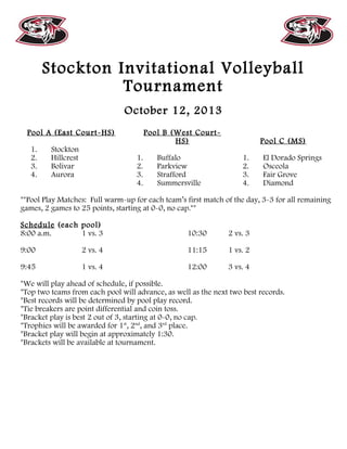 Stockton Invitational Volleyball
Tournament
October 12, 2013
Pool A (East Court-HS)
1. Stockton
2. Hillcrest
3. Bolivar
4. Aurora
Pool B (West Court-
HS)
1. Buffalo
2. Parkview
3. Strafford
4. Summersville
Pool C (MS)
1. El Dorado Springs
2. Osceola
3. Fair Grove
4. Diamond
**Pool Play Matches: Full warm-up for each team’s first match of the day, 3-3 for all remaining
games, 2 games to 25 points, starting at 0-0, no cap.**
Schedule (each pool)
8:00 a.m. 1 vs. 3
9:00 2 vs. 4
9:45 1 vs. 4
10:30 2 vs. 3
11:15 1 vs. 2
12:00 3 vs. 4
*We will play ahead of schedule, if possible.
*Top two teams from each pool will advance, as well as the next two best records.
*Best records will be determined by pool play record.
*Tie breakers are point differential and coin toss.
*Bracket play is best 2 out of 3, starting at 0-0, no cap.
*Trophies will be awarded for 1st
, 2nd
, and 3rd
place.
*Bracket play will begin at approximately 1:30.
*Brackets will be available at tournament.
 