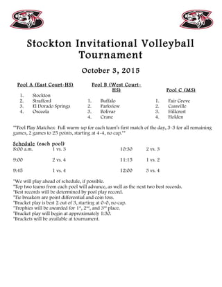 Stockton Invitational Volleyball
Tournament
October 3, 2015
Pool A (East Court-HS)
1. Stockton
2. Strafford
3. El Dorado Springs
4. Osceola
Pool B (West Court-
HS)
1. Buffalo
2. Parkview
3. Bolivar
4. Crane
Pool C (MS)
1. Fair Grove
2. Cassville
3. Hillcrest
4. Holden
**Pool Play Matches: Full warm-up for each team’s first match of the day, 3-3 for all remaining
games, 2 games to 25 points, starting at 4-4, no cap.**
Schedule (each pool)
8:00 a.m. 1 vs. 3
9:00 2 vs. 4
9:45 1 vs. 4
10:30 2 vs. 3
11:15 1 vs. 2
12:00 3 vs. 4
*We will play ahead of schedule, if possible.
*Top two teams from each pool will advance, as well as the next two best records.
*Best records will be determined by pool play record.
*Tie breakers are point differential and coin toss.
*Bracket play is best 2 out of 3, starting at 0-0, no cap.
*Trophies will be awarded for 1st
, 2nd
, and 3rd
place.
*Bracket play will begin at approximately 1:30.
*Brackets will be available at tournament.
 