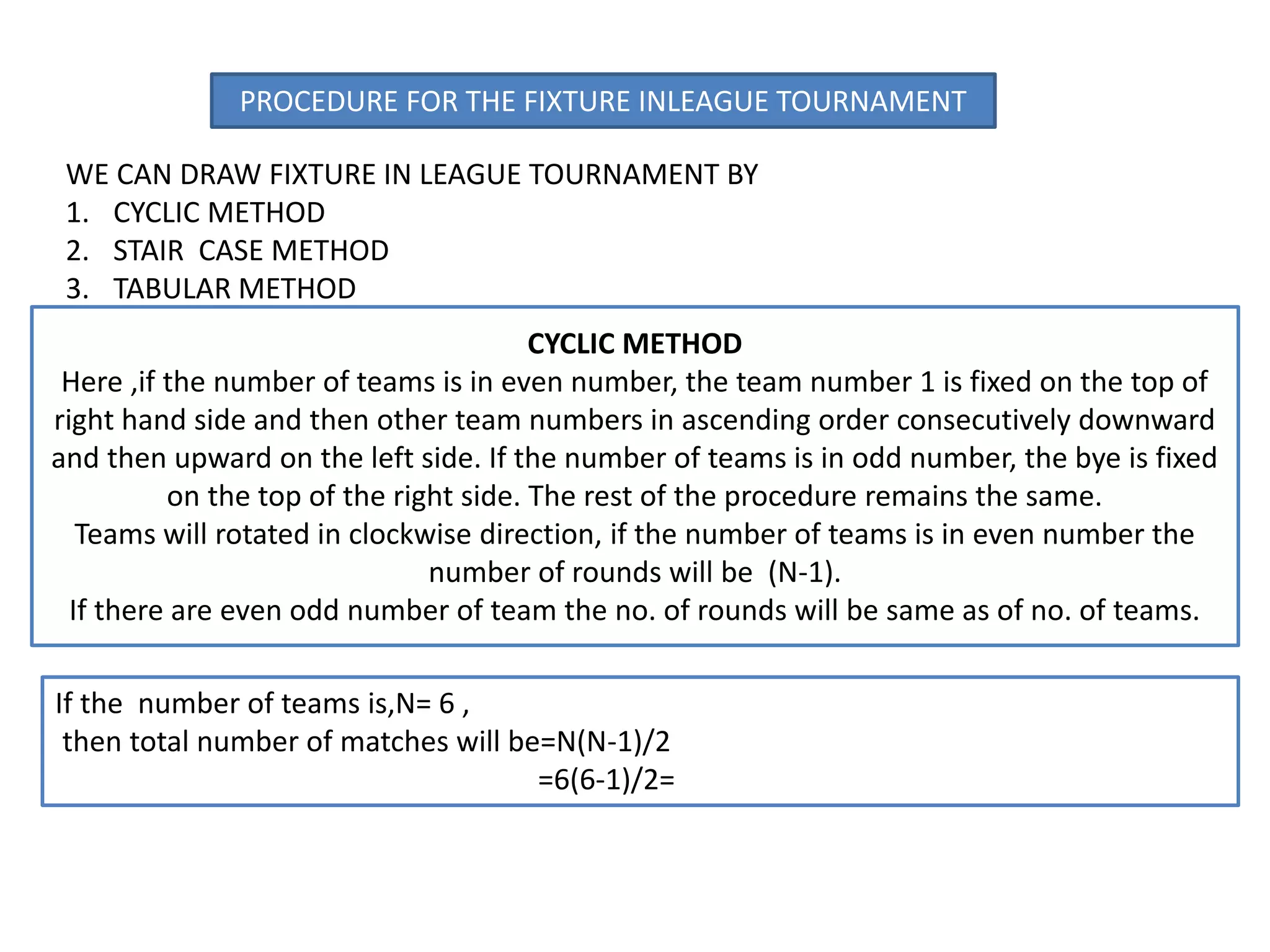 PROCEDURE FOR THE FIXTURE INLEAGUE TOURNAMENT
WE CAN DRAW FIXTURE IN LEAGUE TOURNAMENT BY
1. CYCLIC METHOD
2. STAIR CASE METHOD
3. TABULAR METHOD
CYCLIC METHOD
Here ,if the number of teams is in even number, the team number 1 is fixed on the top of
right hand side and then other team numbers in ascending order consecutively downward
and then upward on the left side. If the number of teams is in odd number, the bye is fixed
on the top of the right side. The rest of the procedure remains the same.
Teams will rotated in clockwise direction, if the number of teams is in even number the
number of rounds will be (N-1).
If there are even odd number of team the no. of rounds will be same as of no. of teams.
If the number of teams is,N= 6 ,
then total number of matches will be=N(N-1)/2
=6(6-1)/2=
 