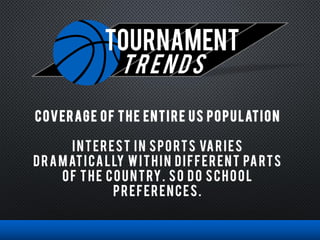 TOURNAMENT
trends
COVERAGE OF THE ENTIRE US POPULATION
INTEREST IN SPORTS VARIES
DRAMATICALLY WITHIN DIFFERENT PARTS
OF THE COUNTRY. SO DO SCHOOL
PREFERENCES.
 