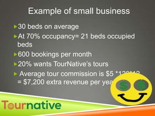 Example of small business
30 beds on average
At 70% occupancy= 21 beds occupied

beds
600 bookings per month
20% wants TourNative’s tours
 Average tour commission is $5 *120*12
= $7,200 extra revenue per year

 