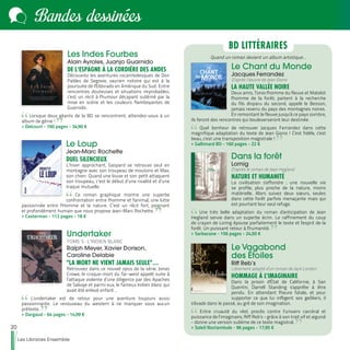 20
Les Libraires Ensemble
Bandes dessinées
Les Indes Fourbes
Alain Ayroles, Juanjo Guarnido
DE L'ESPAGNE À LA CORDIÈRE DES ANDES
Découvrez les aventures rocambolesques de Don
Pables de Segovie, vaurien notoire qui est à la
poursuite de l'Eldorado en Amérique du Sud. Entre
rencontres douteuses et situations improbables,
c'est un récit à l'humour décapant sublimé par la
mise en scène et les couleurs flamboyantes de
Guarnido.
Lorsque deux géants de la BD se rencontrent, attendez-vous à un
album de génie !
>> Delcourt - 160 pages - 34,90 €
Le Loup
Jean-Marc Rochette
DUEL SILENCIEUX
L’hiver approchant, Gaspard se retrouve seul en
montagne avec son troupeau de moutons et Max,
son chien. Quand une louve et son petit attaquent
son troupeau, c’est le début d’une rivalité et d’une
traque mutuelle.
Ce roman graphique montre une superbe
confrontation entre l'homme et l'animal, une lutte
passionnée entre l'Homme et la nature. C’est un récit fort, poignant
et profondément humain que nous propose Jean-Marc Rochette.
>> Casterman - 112 pages - 18 €
Undertaker
TOME 5 : L’INDIEN BLANC
Ralph Meyer, Xavier Dorison,
Caroline Delabie
"LA MORT NE VIENT JAMAIS SEULE"…
Retrouvez dans ce nouvel opus de la série, Jonas
Crowe, le croque-mort du far-west appelé suite à
l’attaque violente d’une diligence par des Apaches
de Salvaje et parmi eux, le fameux Indien blanc qui
avait été enlevé enfant…
L'undertaker est de retour pour une aventure toujours aussi
passionnante. Le renouveau du western à ne manquer sous aucun
prétexte.
>> Dargaud - 64 pages - 14,99 €
Le Chant du Monde
Jacques Ferrandez
D’après l’œuvre de Jean Giono
LA HAUTE VALLÉE NOIRE
Deux amis, Tonio l'homme du fleuve et Matelot
l'homme de la forêt, partent à la recherche
du fils disparu du second, appelé le Besson,
jamais revenu du pays des montagnes noires.
En remontant le fleuve jusqu'à ce pays sombre,
ils feront des rencontres qui bouleverseront leur destinée.
Quel bonheur de retrouver Jacques Ferrandez dans cette
magnifique adaptation du texte de Jean Giono ! C'est fidèle, c'est
beau, c'est une transposition magistrale !
>> Gallimard BD - 160 pages - 22 €
Dans la forêt
Lomig
D’après le roman de Jean Hegland
NATURE ET HUMANITÉ
La civilisation s'effondre ; une nouvelle vie
se profile, plus proche de la nature, moins
matérielle. Alors suivez deux sœurs, seules
dans cette forêt parfois menaçante mais qui
est pourtant leur seul refuge.
Une très belle adaptation du roman d'anticipation de Jean
Hegland servie dans un superbe écrin. Le raffinement du coup
de crayon de Lomig épouse parfaitement le texte et l'esprit de la
forêt. Un puissant retour à l'humanité.
>> Sarbacane - 156 pages - 24,50 €
Le Vagabond
des Étoiles
Riff Reb’s
Librement adapté d’un roman de Jack London
HOMMAGE À L’IMAGINAIRE
Dans la prison d'État de Californie, à San
Quentin, Darrell Standing s'apprête à être
pendu. En attendant l'heure fatale, et pour
supporter ce que lui infligent ses geôliers, il
s'évade dans le passé, au gré de son imagination.
Entre cruauté du réel, procès contre l’univers carcéral et
puissance de l’imaginaire, Riff Reb’s - grâce à son trait vif et aiguisé
- donne une version sublime de ce texte magistral.
>> Soleil Noctambule - 96 pages - 17,95 €
BD LITTÉRAIRES
Quand un roman devient un album artistique…
 