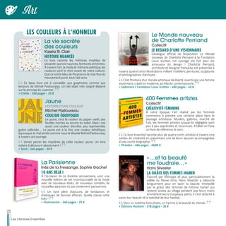 La Parisienne
Inès de la Fressange, Sophie Gachet
10 ANS DÉJÀ !
À l’occasion de ce dixième anniversaire, voici une
nouvelle édition de cet incontournable de la mode
avec de nouveaux looks, de nouveaux conseils, de
nouvelles adresses et pas seulement parisiennes.
Un livre plein d'astuces, de tendances et
d'adresses de bonnes affaires. Quelle classe cette
Inès !
>> Flammarion - 240 pages - 25 €
Le Monde nouveau
de Charlotte Perriand
Collectif
LE REGARD D’UNE VISIONNAIRE
Catalogue officiel de l'exposition Le Monde
nouveau de Charlotte Perriand à la Fondation
Louis Vuitton, cet ouvrage est fait pour les
amoureux du design ! Charlotte Perriand,
architecte et designer française, est présentée à
travers quatre cents illustrations mêlant mobiliers, peintures, sculptures
et photographies d'archives.
C'est l'histoire d'un monde artistique de liberté inventé par une femme
visionnaire, créatrice moderne, architecte contemporaine.
>> Gallimard / Fondation Louis Vuitton - 400 pages - 49 €
400 Femmes artistes
Collectif
CRÉATIVITÉ FÉMININE
À notre époque, l’art réalisé par les femmes
commence à prendre une certaine place dans le
paysage artistique. Musées, galeries, marché de
l’art, les femmes artistes jusque-là négligées sont
peu à peu appréciées et reconnues. Il fallait en faire
un livre de référence, le voici.
Ce livre essentiel raconte plus de quatre cents artistes à travers cinq
siècles de créativité en présentant une de leurs œuvres accompagnées
d’une courte biographie.
>> Phaidon - 464 pages - 49,95 €
« …et ta beauté
me foudroie… »
Hans Silvester
LA GRÂCE DES FEMMES HAMER
Fasciné par l'Éthiopie et plus particulièrement la
vallée du fleuve Omo, Hans Silvester y séjourne
longuement pour en saisir la beauté. Interpellé
par la grâce des femmes de l’ethnie hamer qui
restent seules au village pendant que leurs maris
emmènent leurs troupeaux paître, il s’est attaché à
saisir leur beauté et la sobriété de leur habitat.
Voici un sublime livre photo, un hymne à la beauté du monde.
>> Éditions Hozhoni - 218 pages - 35 €
La vie secrète
des couleurs
Kassia St. Clair
HISTOIRE NUANCÉE
Ce livre raconte les histoires insolites de
soixante-quinze nuances, teintures et teintes.
À travers l’art, la mode et même la politique, les
couleurs sont le récit vivant de notre culture.
Que ce soit le bleu de Picasso ou le rose fluo du
mouvement punk, tout fait sens.
Ce beau livre est à conseiller aux graphistes comme aux
lecteurs de Michel Pastoureau. Un bel objet très soigné élaboré
sur le principe du nuancier.
>> Chêne - 320 pages - 25 €
Jaune
HISTOIRE D’UNE COULEUR
Michel Pastoureau
COULEUR ÉQUIVOQUE
Le jaune, c'est la couleur du papier vieilli, des
feuilles mortes ou encore du soleil. Mais c’est
aussi une couleur discrète, peu représentée,
guère sollicitée…. Le jaune est à la fois une couleur bénéfique,
équivoque et mal aimée comme nous le dévoile Michel Pastoureau
à travers cet ouvrage.
Venez percer les mystères de cette couleur jaune. Un livre
solaire à découvrir absolument !
>> Seuil - 240 pages - 39 €
LES COULEURS À L'HONNEUR
22
Les Libraires Ensemble
Art
 