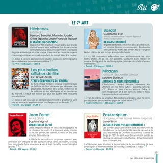 Jean Ferrat
ROUGE CERISE
Baptiste Vignol
CHANTEUR DE LA VIE
Cette intégrale retrace en détail la discographie de
ce chanteur de mots. Il a toujours voulu chanter
la vie, les peines, les colères, l’amour et les joies
simples de l’existence.
Riche de seize albums originaux, revenant avec
précision sur chacune de ses quelques deux cents chansons, ce beau
livre nous parle d’une œuvre qui a valu à Jean Ferrat le respect des plus
grands.
>> Gründ - 232 pages - 29,95 €
Post-scriptum
LE JOURNAL INTIME DE JANE BIRKIN 1982-2013
Jane Birkin
LA SUITE D'UNE VIE AU FIRMAMENT !
Ces années pour Jane Birkin sont tournées vers la
famille avec sa turbulente fille Kate, la naissance de
Lou, les débuts de Charlotte au cinéma, la mort de
Serge en 1991. Ce sont aussi des années de succès au
cinéma, de découverte du théâtre, d’investissement
dans l’humanitaire…
Découvrez avec émotion le dernier volume du journal intime de Jane
Birkin après le retentissement de Munkey Diaries (1957-1982).
>> Fayard - 432 pages - 22,50 €
Hitchcock
LA TOTALE
Bernard Benoliel, Murielle Joudet,
Gilles Esposito, Jean-François Rauger
LE MAÎTRE DU SUSPENSE
Du premier film inachevé mis en scène aux grands
chefs-d’œuvre, sans oublier le film disparu ou les
séries télévisées, découvrez comment ce cinéaste
de génie a développé un style unique, traversant les courants majeurs
cinématographiques, du muet au parlant, du noir et blanc à la couleur.
Grâce à ce livre abondamment illustré, parcourez la filmographie
de ce réalisateur mondialement célèbre.
>> E/P/A - 648 pages - 49,95 €
Les plus belles
affiches de film
Ian Haydn Smith
STYLES GRAPHIQUES DU CINÉMA
Ce livre retrace l'histoire créative et commerciale
de l'affiche de film, décennie par décennie : les
graphistes, l'évolution des styles, l'influence de
la politique et des idéologies et les tendances
du marché. Le tout est illustré par plus de quatre cent cinquante
reproductions.
Grâce à cet ouvrage, on comprend comment le graphisme s’est
mis au service du septième art et tout l’enjeu qui en découle.
>> Gründ - 272 pages - 34,95 €
Bardot
Guillaume Evin
Avec la collaboration de François Bagnaud
Préface d’Alain Delon
BB DANS L’INTIMITÉ
Brigitte Bardot est une de nos plus grandes stars,
un mythe féminin contemporain. Bombardée
sex symbol au milieu des années 50, la Française
la plus célèbre de son temps a conquis le monde.
Ici, BB commente elle-même avec enthousiasme les plus
belles photos de sa vie. En parallèle, Guillaume Evin retrace et
analyse l’intégralité de sa filmographie, jalonnée de chefs-d’œuvre
intemporels.
>> Dunod - 176 pages - 29,90 €
Mirages
TOUT L'ART DE LAURENT DURIEUX
Laurent Durieux
AFFICHES DE FILMS DÉTOURNÉES
L'illustrateur Laurent Durieux réinvente les
affiches de nos films cultes : Godzilla, Shining,
E.T., Bambi et bien d'autres encore. Grâce à
son imagination et à son sens du détail il nous
transporte dans son univers.
Fan de cinéma ou amateur d'illustrations originales, vous ne serez
pas déçu(e) en parcourant les pages de ce bel album.
>> Huginn & Muninn - 280 pages - 44,95 €
LE 7E
ART
25
Les Libraires Ensemble
Art
 