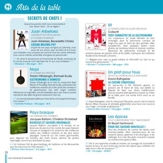 Pays basque
UN TERROIR DES HOMMES
Jacques Ballarin, Christian Etchebest
RICHESSES ET SAVEURS RÉGIONALES
Jacques Ballarin, journaliste à la retraite, ne se
lasse pas de parcourir les routes des pays basques
français et espagnol à la recherche des meilleures
tables, des meilleurs produits et des plus beaux
paysages. Suivez-le sur ces routes gourmandes,
pour déguster les recettes des chefs locaux, admirer les photos
reportages, sourire aux anecdotes du pays.
Un itinéraire fait de gourmandises, de traditions et de découvertes
pour les amoureux du Pays basque !
>> Éditions Alain Ducasse - 212 pages - 30 €
M
LE GRAND LIVRE DU GUIDE MICHELIN
Collectif
TOUT CONNAÎTRE DE LA GASTRONOMIE
Les inspecteurs du Guide Michelin se sont
immergés dans le patrimoine culinaire de
vingt-cinq pays et dans les plus grandes villes
européennes. Avec quelques quatre cents
photos, de nombreux textes et diverses recettes,
découvrez les pâtisseries iconiques et les
produits phares, les grands chefs et les tables mythiques, les traditions
locales et les festivals culinaires…
Régalez-vous avec ce projet ludique et informatif sur tout ce qui
touche à la gastronomie !
>> Michelin / La Martinière - 384 pages - 39 €
Un plat pour tous
RECETTES GÉNÉREUSES À PARTAGER
David Rathgeber
LA CUISINE CONVIVIALE
Du pot-au-feu à l'île flottante géante, en
passant par le tajine de veau aux dattes ou
l'épaule de lapin aux olives, (re)découvrez
plus de soixante plats généreux à poser au milieu
de la table, pour une soirée entre amis ou en
famille.
David Rathgeber, chef du restaurant l'Assiette, ancien chef du bistrot
Benoit d'Alain Ducasse et véritable globetrotter, vous livre une cuisine à
son image : conviviale et généreuse.
>> Éditions Alain Ducasse - 192 pages - 25,90 €
Les épices
TOUT COMPRENDRE TOUT SIMPLEMENT
Dr Stuart Farrimond
POUR DES SAVEURS NOUVELLES !
Pour les amateurs de cuisine, les épices sont
incontournables. Alors saisissez-vous de ces
soixante épices, apprenez à les distinguer, à les
mélanger et à créer des plats innovants inspirés
du monde entier grâce à elles.
Par à une approche visuelle et vivante, cet ouvrage est accessible à
toutes et tous, et vous livrera les secrets des épices pour sublimer vos
plats et en créer de nouveaux !
>> DK - 224 pages - 26,90 €
Juan Arbelaez
130 RECETTES PÉTILLANTES
ET PLEINES D'AMOUR
Juan Arbelaez, Benedetta Chiala
CUISINE MELTING-POT
Inspiré de son pays d’origine, la Colombie, mais
aussi de son amour pour la Grèce et la France,
Juan Arbelaez nous propose son premier livre de cuisine métissée.
Une cuisine colorée, accessible, énergique et passionnée !
On aime le dynamisme et l'inventivité de l'étoile montante de
la cuisine, le jeune chef colombien de 31 ans, Juan Arbelaez !
>> Marabout - 304 pages - 25 €
Nopi
LA CUISINE DU PARTAGE
Yotam Ottolenghi, Ramael Scully
GASTRONOMIE À DOMICILE
Yotam Ottolenghi et le chef du restaurant Nopi
(North of Picadilly), Ramael Scully, présentent les
meilleures recettes de ce lieu prisé des amateurs
de gastronomie. Ces cent vingts recettes,
délicieuses et originales, ont été adaptées pour que chacun puisse
reproduire des plats de grand restaurant chez soi.
Le manuel indispensable pour faire de la cuisine gastronomique
à la maison !
>> Hachette Pratique - 352 pages - 30 €
SECRETS DE CHEFS !
Quand les grands chefs nous transmettent
leur savoir-faire… On se régale !
28
Les Libraires Ensemble
Arts de la table
 
