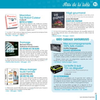 Marmiton
Top Robot Cuiseur
Collectif
METTEZ LE TURBO !
Découvrez la sélection des meilleures recettes
du site Marmiton adaptées aux principaux
robots cuiseurs du marché. Aidez-vous du
tableau de conversion qui accompagne chaque
recette et… régalez-vous !
Le site n°1 de cuisine en ligne en France, associé à la tendance forte
des robots cuiseurs : pari gagnant !
>> Play Bac - 144 pages - 15,90 €
Fromage
Bernard Antony,
Katherine Khodorowsky
LES TRÉSORS DE L’OR BLANC
Pour les amoureux du fromage, ce livre sera
une bible. Qu'il soit en pâte pressée ou persillée,
avec une croûte fleurie ou lavée, au lait de
chèvre, vache ou brebis, c'est le moment d'en
apprendre plus sur les fromages !
Bernard Antony nous dévoile tous ses secrets avec son expérience de
fromager de plus de quarante ans. Un beau livre à offrir ou à s'offrir !
>> Éditions Alain Ducasse - 320 pages - 45 €
Mieux manger
toute l’année
Laurent Mariotte
UNE IDÉE PAR JOUR
Dans ce livre, découvrez 365 nouvelles recettes,
des conseils et des astuces au marché et en
cuisine. Laurent Mariotte, reporter culinaire,
vous accompagne chaque jour afin de mitonner
des petits plats avec une cuisine saine et anti-
gaspi et des astuces pour gagner du temps.
Retrouvez Laurent Mariotte avec un nouvel almanach pour toujours
mieux manger tout au long de l’année 2020 !
>> Solar - 456 pages - 19,90 €
Végé gourmand
LA CUISINE VÉGÉTALIENNE À SON MEILLEUR
PLUS DE 60 RECETTES HAUTES EN SAVEUR
Linda Montpetit
SECRETS DES VEGETAUX
Voici un livre de recettes gourmandes pour les
végétariens, végétaliens ou grands curieux. Vous
trouverez des conseils pratiques et écologiques
pour passer à une alimentation plus saine et
respectueuse de l'environnement.
Un livre à la couverture reliée pour découvrir de nouvelles saveurs et
de nouvelles textures dans une alimentation saine et créée à base de
végétaux.
>> Modus Vivendi - 192 pages - 24,95 €
Mes accompagnements
100% faits maison
Aurélie Desgages
ÉLÉGANTE PRÉSENTATION
Voici un joli coffret comprenant un livre de recettes
et quatre très beaux bols en céramique de 450 ml. Ces bols de haute
qualité au design contemporain, vous serviront à proposer toutes
vos salades, soupes, purées, crumbles ou encore gratins et risottos.
Mangez maison avec une présentation originale pour votre
famille ou vos amis. Bon appétit !
>> I2C Édition - Coffret 44 pages - 26,90 €
La boîte à quiz
"On va déguster"
1 000 QUESTIONS POUR REMPORTER
LE GOURMET D’OR !
Collectif
JEU GASTRONOMIQUE
Pour décrocher le prestigieux prix "le gourmet d’or", mettez à
l’épreuve vos connaissances en matière de gastronomie ! Avec les
six catégories de jeu, testez vos adversaires et apprenez tout ce
qu’il faut savoir pour être le meilleur critique gastronomique.
Après les incontournables ouvrages On va déguster et On va
déguster la France, de François-Régis Gaudry et ses amis, amusons-
nous avec le jeu tiré de l'émission culte de France Inter.
>> Marabout - Livret 16 pages + 252 cartes + 1 dé - 22,90 €
IDÉES CADEAUX SAVOUREUSES
29
Les Libraires Ensemble
Arts de la table
 