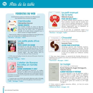 Le petit manuel
de la tarte
Mélanie Dupuis
POUR UNE BELLE TARTE !
Les tartes pistache abricot, ganache ou encore
fraise verveine, n'auront plus de secrets pour
vous et seront réalisées parfaitement ! Chaque
recette annonce les gestes à maîtriser, les points
délicats, l'organisation pour la réalisation ou
encore les variantes possibles.
Ce joli livre, au graphisme soigné et à
destination de tous les gourmands, est à découvrir de toute urgence !
>> Marabout - 144 pages - 15,90 €
Chocolat
RECETTES ET TECHNIQUES
D’UNE ÉCOLE D’EXCELLENCE
Ferrandi, Paris
SAVOIR-FAIRE D’EXCEPTION
Tempérage, ganache, pâte feuilletée, bonbons,
fritures ou encore copeaux en chocolat… Plus de
soixante-dix recettes et des techniques pas à pas,
classées par thématiques pour vous permettre
à coup sûr de réaliser vos meilleures recettes
chocolat.
Que vous soyez amateur ou passionné de chocolat, découvrez ce
magnifique livre. Inspirez-vous des cours de l'école Ferrandi à travers ce
livre chocolaté !
>> Flammarion - 304 pages - 29,90 €
Le nuage
DIX FAÇONS DE LE PRÉPARER
Ryoko Sekiguchi, Sugio Yamaguchi,
Valentin Devos
ALIMENT MAGIQUE ET POÉTIQUE
La cuisine japonaise a ceci de particulier qu’elle a
longtemps utilisé le nuage comme un ingrédient
majeur, comme un produit noble. Produit digeste,
non allergène et non gras, sans gluten ni sucre…Et
si c’était un aliment magique ?! Initiez-vous à l'usage
de cet aliment grâce aux conseils du chef Sugio
Yamaguchi.
Entre cuisine et poésie, savoureux, délicat... Un livre de cuisine
simplement délicieux !
>> Éditions de L'Épure - 24 pages - 8 €
Clemfoodie
Clémentine Vaccon
CUISINE CRÉATIVE
Cent recettes simples et riches en légumes,
c'est ce que nous propose Clemfoodie dans son
premier livre de cuisine. Avec un graphisme
travaillé et de jolies photos, préparez-vous à
aimer cuisiner et manger équilibré !
Retrouvezlesmeilleuresrecettesdelablogueusefood,Clémentine
Vaccon, qui compte près de 190 000 abonnés sur le net.
>> Marabout - 224 pages - 15,90 €
Les petits plats d'Eva
Eva Zink
PETITS SECRETS EN CUISINE
YouTubeuse au look des fifties, Eva compte
désormais plus de 40 000 abonnés sur YouTube
et 30 000 sur les réseaux sociaux ! Dans ce livre,
elle nous propose ses cent quarante meilleures
recettes vegan : des plats colorés, sains et
surtout qui donnent l'eau à la bouche.
Enfin, vous connaîtrez toutes les astuces d'Eva pour réussir au
mieux ses recettes !
>> La Plage - 216 pages - 19,95 €
L'atelier de Roxane
Recettes en famille
Roxane
CUISINE GOURMANDE ET GIRLY
Roxane, participante à l'aventure "Le meilleur
pâtissier" sur M6 en 2015, est spécialisée dans le
cake design. Retrouvez son univers gourmand et
sucré dans ce nouveau livre composé de soixante recettes inédites
à préparer en famille !
Cuisinez avec vos enfants des petits déjeuners plein d’énergie,
des goûters faits maison et même des gâteaux d’anniversaire !
>> Solar - 160 pages - 14,90 €
FOODISTAS DU WEB
Extrêmement suivies sur Internet, ces influenceuses
nous dévoilent leurs secrets sur papier.
30
Les Libraires Ensemble
Arts de la table
 