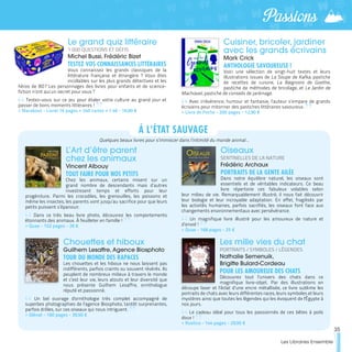 L’Art d’être parent
chez les animaux
Vincent Albouy
TOUT FAIRE POUR NOS PETITS
Chez les animaux, certains misent sur un
grand nombre de descendants mais d’autres
investissent temps et efforts pour leur
progéniture. Parmi les crocodiles, les grenouilles, les poissons et
même les insectes, les parents vont jusqu’au sacrifice pour que leurs
petits puissent s’épanouir.
Dans ce très beau livre photo, découvrez les comportements
étonnants des animaux. À feuilleter en famille !
>> Quae - 152 pages - 26 €
Chouettes et hiboux
Guilhem Lesaffre, Agence Biosphoto
TOUR DU MONDE DES RAPACES
Les chouettes et les hiboux ne nous laissent pas
indifférents, parfois craints ou souvent révérés. Ils
peuplent de nombreux milieux à travers le monde
et c’est leur vie, leurs atouts et leur diversité que
nous présente Guilhem Lesaffre, ornithologue
réputé et passionné.
Un bel ouvrage d'ornithologie très complet accompagné de
superbes photographies de l’agence Biosphoto, tantôt surprenantes,
parfois drôles, sur ces oiseaux qui nous intriguent.
>> Glénat - 160 pages - 39,50 €
Oiseaux
SENTINELLES DE LA NATURE
Frédéric Archaux
PORTRAITS DE LA GENTE AILÉE
Dans notre équilibre naturel, les oiseaux sont
essentiels et de véritables indicateurs. Ce beau
livre répertorie ces fabuleux volatiles selon
leur milieu de vie. Remarquablement illustré, il nous fait découvrir
leur biologie et leur incroyable adaptation. En effet, fragilisés par
les activités humaines, parfois sacrifiés, les oiseaux font face aux
changements environnementaux avec persévérance.
Un magnifique livre illustré pour les amoureux de nature et
d’envol !
>> Quae - 168 pages - 25 €
Les mille vies du chat
PORTRAITS / SYMBOLES / LÉGENDES
Nathalie Semenuik,
Brigitte Bulard-Cordeau
POUR LES AMOUREUX DES CHATS
Découvrez tout l’univers des chats dans ce
magnifique livre-objet. Par des illustrations en
découpe laser et l’éclat d’une encre métallisée, ce livre sublime les
portraits de chats avec leurs différentes races, leurs symboles et leurs
mystères ainsi que toutes les légendes qui les évoquent de l'Égypte à
nos jours.
Le cadeau idéal pour tous les passionnés de ces bêtes à poils
doux !
>> Rustica - 144 pages - 29,95 €
À L'ÉTAT SAUVAGE
Le grand quiz littéraire
1 000 QUESTIONS ET DÉFIS
Michel Bussi, Frédéric Bizet
TESTEZ VOS CONNAISSANCES LITTÉRAIRES
Vous connaissez les grands classiques de la
littérature française et étrangère ? Vous êtes
incollables sur les plus grands détectives et les
héros de BD ? Les personnages des livres pour enfants et de science-
fiction n’ont aucun secret pour vous ?
Testez-vous sur ce jeu pour étaler votre culture au grand jour et
passer de bons moments littéraires !
>> Marabout - Livret 16 pages + 240 cartes + 1 dé - 16,90 €
Cuisiner, bricoler, jardiner
avec les grands écrivains
Mark Crick
ANTHOLOGIE SAVOUREUSE !
Voici une sélection de vingt-huit textes et leurs
illustrations issues de La Soupe de Kafka, pastiche
de recettes de cuisine, La Baignoire de Goethe,
pastiche de méthodes de bricolage, et Le Jardin de
Machiavel, pastiche de conseils de jardinage.
Avec irrévérence, humour et fantaisie, l’auteur s’empare de grands
écrivains pour mitonner des pastiches littéraires savoureux.
>> Livre de Poche - 200 pages - 12,90 €
Quelques beaux livres pour s’immiscer dans l’intimité du monde animal…
35
Les Libraires Ensemble
Passions
 