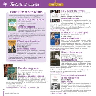 La Couleur du temps
NOUVELLE HISTOIRE DU MONDE EN COULEURS
(1850-1960)
Dan Jones, Marina Amaral
DONNER VIE À L’HISTOIRE
À travers deux cents photographies colorisées, Dan
Jones et Marina Amaral nous racontent un siècle
d’histoire mondiale. De l’aventure coloniale à la
conquête de l’espace tous les sujets sont brillamment traités.
En rendant son éclat à un monde délavé, La Couleur du temps offre
une nouvelle histoire du monde totalement inédite.
>> Flammarion - 432 pages - 25 €
Rome, la fin d'un empire
DE CARACALLA À THÉODORIC, 212-527
Claire Sotinel
DÉCLIN DE LA CIVILISATION ?
Entre 212 et 527, la société romaine a vécu
d’importantes transformations : la fusion des
populations barbares et provinciales, la déconstruction
politique de son Empire, la diffusion du christianisme.
Dans ce texte documenté et commenté, Claire Sotinel met en lumière
ces importantes transformations à l'œuvre au cours de l'Antiquité.
>> Belin - 688 pages - 49 €
Mondes en guerre
T1 : DE LA PRÉHISTOIRE AU MOYEN-ÂGE
T2 : L’ÂGE CLASSIQUE, XVIE
- XIXE
SIÈCLE
Hervé Drévillon
COMPRENDRE LES GUERRES DU MONDE
Explorez la diversité des pratiques et des logiques
guerrières depuis la préhistoire jusqu’à nos jours.
Portés par une incroyable iconographie, ces deux
volumes traversent les âges et les territoires pour dresser l’histoire des
premiers conflits mondialisés.
C’est terriblement instructif !
>> Passés Composés - T1 : 566 pages / T2 : 784 pages - 39 €
Les souvenirs viennent
à ma rencontre
Edgar Morin
ÉPOPÉE VIVANTE
À 97 ans, Edgar Morin, la mémoire intacte, déroule sa
vie, celle d’un homme qui a traversé le XXe
siècle. Avec
son regard curieux, il laisse ses souvenirs remplir les
pages de voyages, rencontres, questionnements.
Un témoignage éblouissant, intime et historique,
en quête de réponses et de savoirs sur l’homme, la vie et l’univers.
>> Fayard - 450 pages - 26 €
Une juvénile fureur
BONNIER DE LA CHAPELLE,
L’ASSASSIN DE L’AMIRAL DARLAN
Bénédicte Vergez-Chaignon
MYSTÉRIEUX ASSASSIN
L'amiral Darlan est assassiné à Alger, le 24 décembre
1942, par Fernand Bonnier de la Chapelle. Qui est
ce jeune meutrier fusillé le surlendemain ? À l’aide
d’archives inédites, l'auteure tente de refaire le
parcours de cette figure mystérieuse.
Cet ouvrage lève le voile sur un épisode méconnu de la Seconde Guerre
mondiale et nous fait découvrir un personnage étonnant.
>> Perrin - 464 pages - 24 €
L’Exploration du monde
UNE AUTRE HISTOIRE
DES GRANDES DÉCOUVERTES
Collectif
CONTRE-PIED HISTORIQUE
Avec ces quatre-vingt-dix récits d’aventures,
L’Exploration du monde nous raconte une autre
histoire des grandes découvertes.
Prenant le contre-pied de nos histoires héroïques européennes,
ce collectif d’historiennes et historiens nous dévoile une nouvelle
chronologie fascinante du VIIe
au XXe
siècle.
>> Seuil - 528 pages - 27 €
L’Amérique fantôme
LES AVENTURIERS FRANCOPHONES
DU NOUVEAU MONDE
Gilles Havard
DESTINS HORS DU COMMUN
Partant sur les traces méconnues d’aventuriers
francophones sur le sol amérindien, Gilles Havard
nous parle d’une Amérique oubliée, s'appuyant sur
des récits de voyage, des cartes et des images inédites.
Découvrez dix portraits d'aventuriers fascinants qui, entre le
XVIe
et le XIXe
siècle, ont voyagé en territoire indien.
>> Flammarion - 656 pages - 26 €
AVENTURIERS ET DÉCOUVERTES
Destins extraordinaires, parfois oubliés, héroïsme et désillusions.
Ces hommes et leurs découvertes ont écrit l’Histoire.
40
Les Libraires Ensemble
Histoire & savoirs H I S T O I R E
 