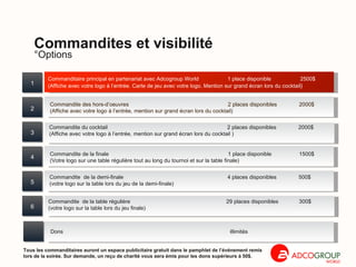 Commanditaire principal en partenariat avec Adcogroup World  1 place disponible   2500$ (Affiche avec votre logo à l’entrée. Carte de jeu avec votre logo. Mention sur grand écran lors du cocktail )  Dons   illimités Commandite des hors-d’oeuvres  2 places disponibles  2000$ (Affiche avec votre logo à l’entrée, mention sur grand écran lors du cocktail)  Commandite de la finale 1 place disponible 1500$  (Votre logo sur une table régulière tout au long du tournoi et sur la table finale) Commandite  de la table régulière 29 places disponibles   300$ (votre logo sur la table lors du jeu finale)  Tous les commanditaires auront un espace publicitaire gratuit dans le pamphlet de l’événement remis lors de la soirée. Sur demande, un reçu de charité vous sera émis pour les dons supérieurs à 50$.  °Options Commandites et visibilité Commandite du cocktail  2 places disponibles  2000$ (Affiche avec votre logo à l’entrée, mention sur grand écran lors du cocktail ) 7 Commandite  de la demi-finale 4 places disponibles  500$ (votre logo sur la table lors du jeu de la demi-finale)  1 2 3 4 5 6 