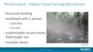 21 ©2014 Cloudera, Inc. All rights reserved.
Performance - Yahoo! Cloud Serving Benchmark
• Accumulo binding
• workloads w...