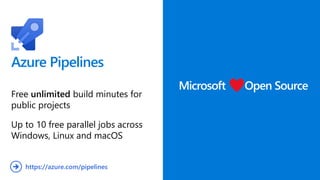 Azure Pipelines
Free unlimited build minutes for
public projects
Up to 10 free parallel jobs across
Windows, Linux and macOS
Microsoft Open Source
https://azure.com/pipelines
 