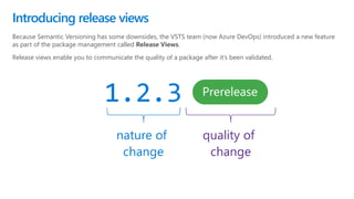 Because Semantic Versioning has some downsides, the VSTS team (now Azure DevOps) introduced a new feature
as part of the package management called Release Views.
Release views enable you to communicate the quality of a package after it’s been validated.
Introducing release views
 