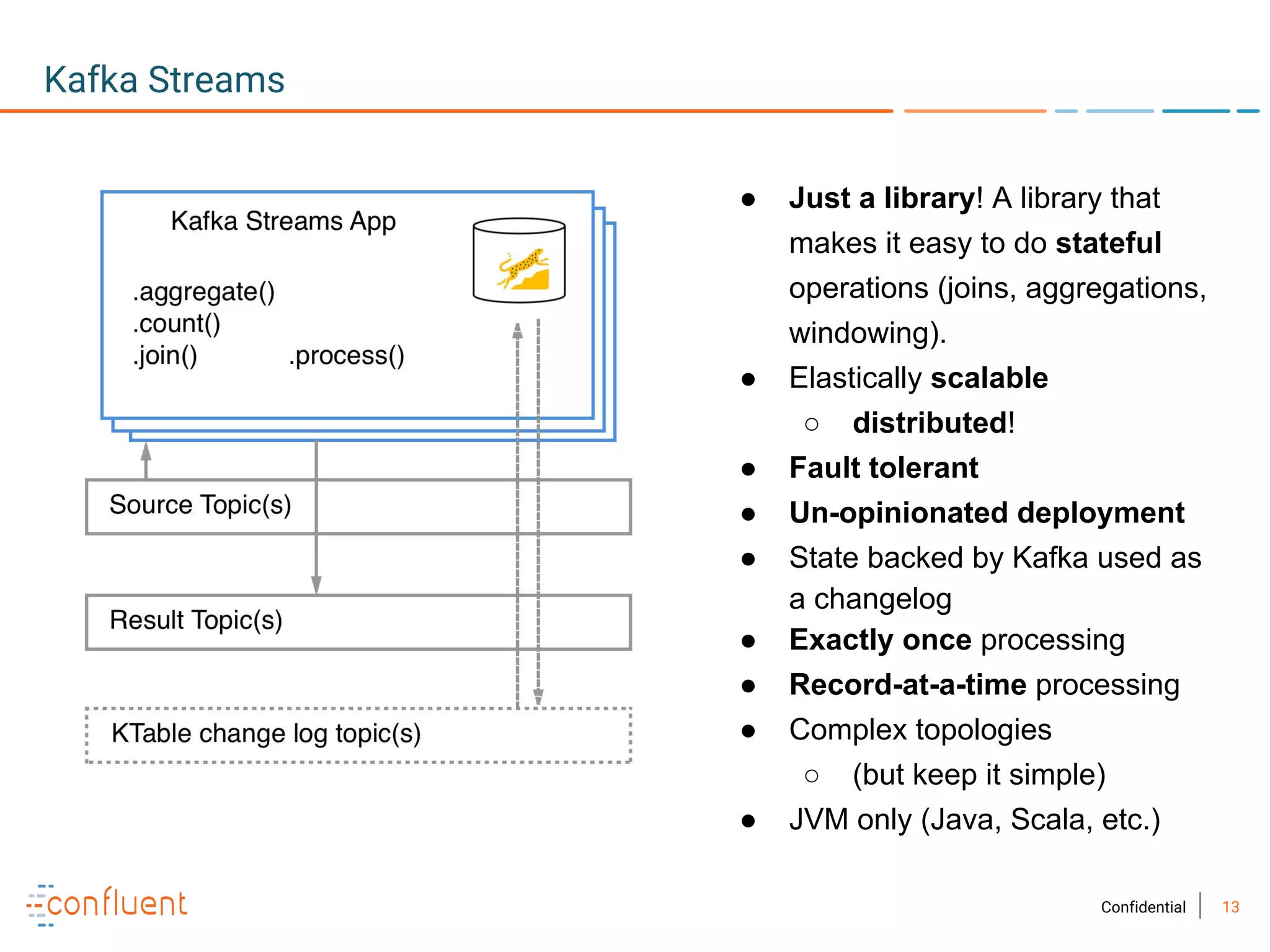 13Confidential
Kafka Streams
● Just a library! A library that
makes it easy to do stateful
operations (joins, aggregations,
windowing).
● Elastically scalable
○ distributed!
● Fault tolerant
● Un-opinionated deployment
● State backed by Kafka used as
a changelog
● Exactly once processing
● Record-at-a-time processing
● Complex topologies
○ (but keep it simple)
● JVM only (Java, Scala, etc.)
 