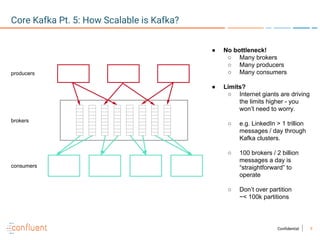 9Confidential
Core Kafka Pt. 5: How Scalable is Kafka?
● No bottleneck!
○ Many brokers
○ Many producers
○ Many consumers
● Limits?
○ Internet giants are driving
the limits higher - you
won’t need to worry.
○ e.g. LinkedIn > 1 trillion
messages / day through
Kafka clusters.
○ 100 brokers / 2 billion
messages a day is
“straightforward” to
operate
○ Don’t over partition
~< 100k partitions
producers
brokers
consumers
 