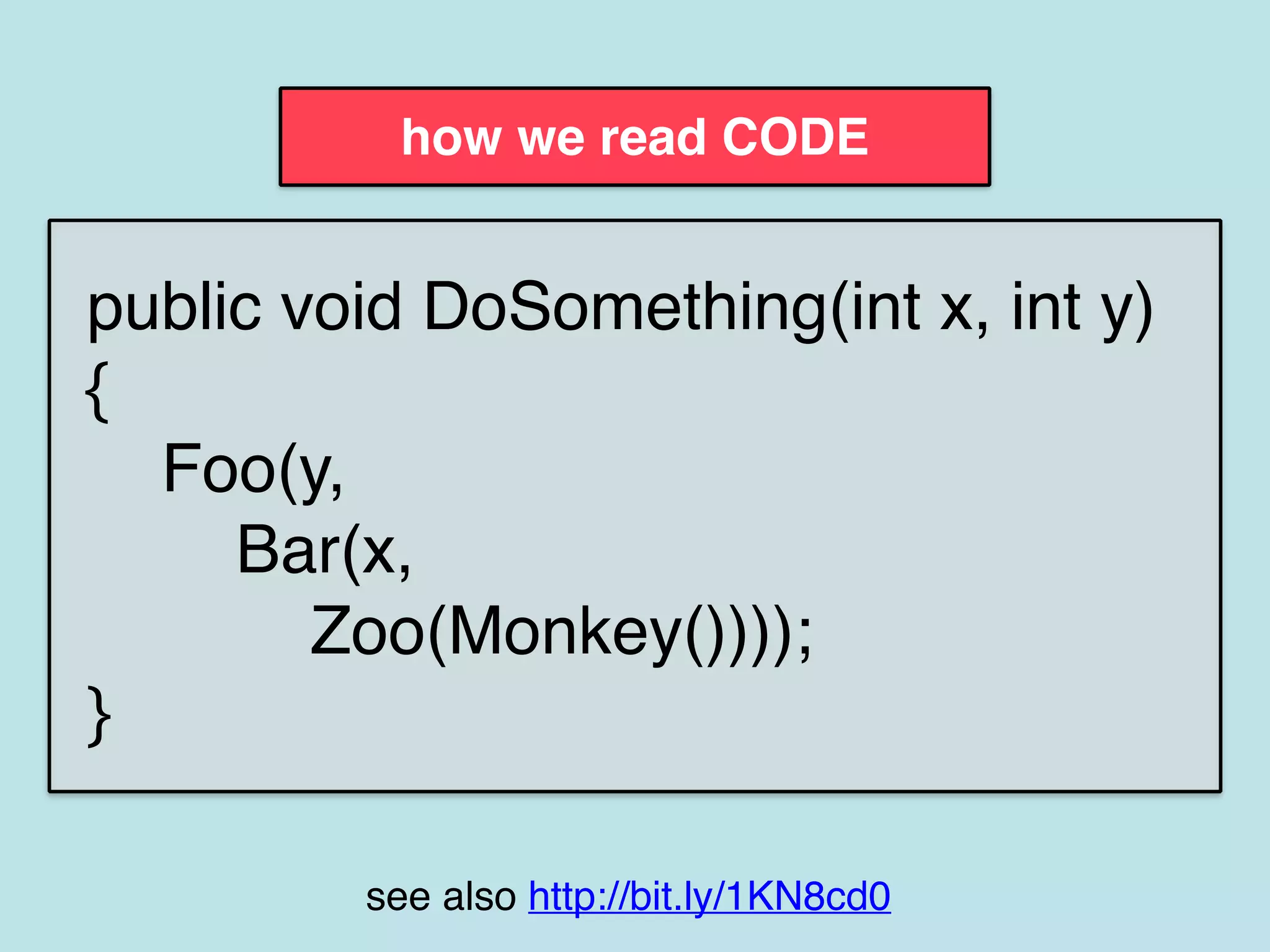 Whilst talking with an ex-colleague, a question came up on
how to implement the Stable Marriage problem using a
message passing approach. Naturally, I wanted to answer
that question with Erlang!
Let’s first dissect the problem and decide what processes we
need and how they need to interact with one another.
The stable marriage problem is commonly stated as:
Given n men and n women, where each person has ranked
all members of the opposite sex with a unique number
between 1 and n in order of preference, marry the men and
women together such that there are no two people of
opposite sex who would both rather have each other than
their current partners. If there are no such people, all the
marriages are “stable”. (It is assumed that the participants
are binary gendered and that marriages are not same-sex).
From the problem description, we can see that we need:
* a module for man
* a module for woman
* a module for orchestrating the experiment
In terms of interaction between the different modules, I
imagined something along the lines of…
2.top-to-bottom
1.left-to-right
how we read ENGLISH
public void DoSomething(int x, int y)
{
Foo(y,
Bar(x,
Zoo(Monkey())));
}
2.top-to-bottom
1.right-to-left
how we read CODE
see also http://bit.ly/1KN8cd0
 