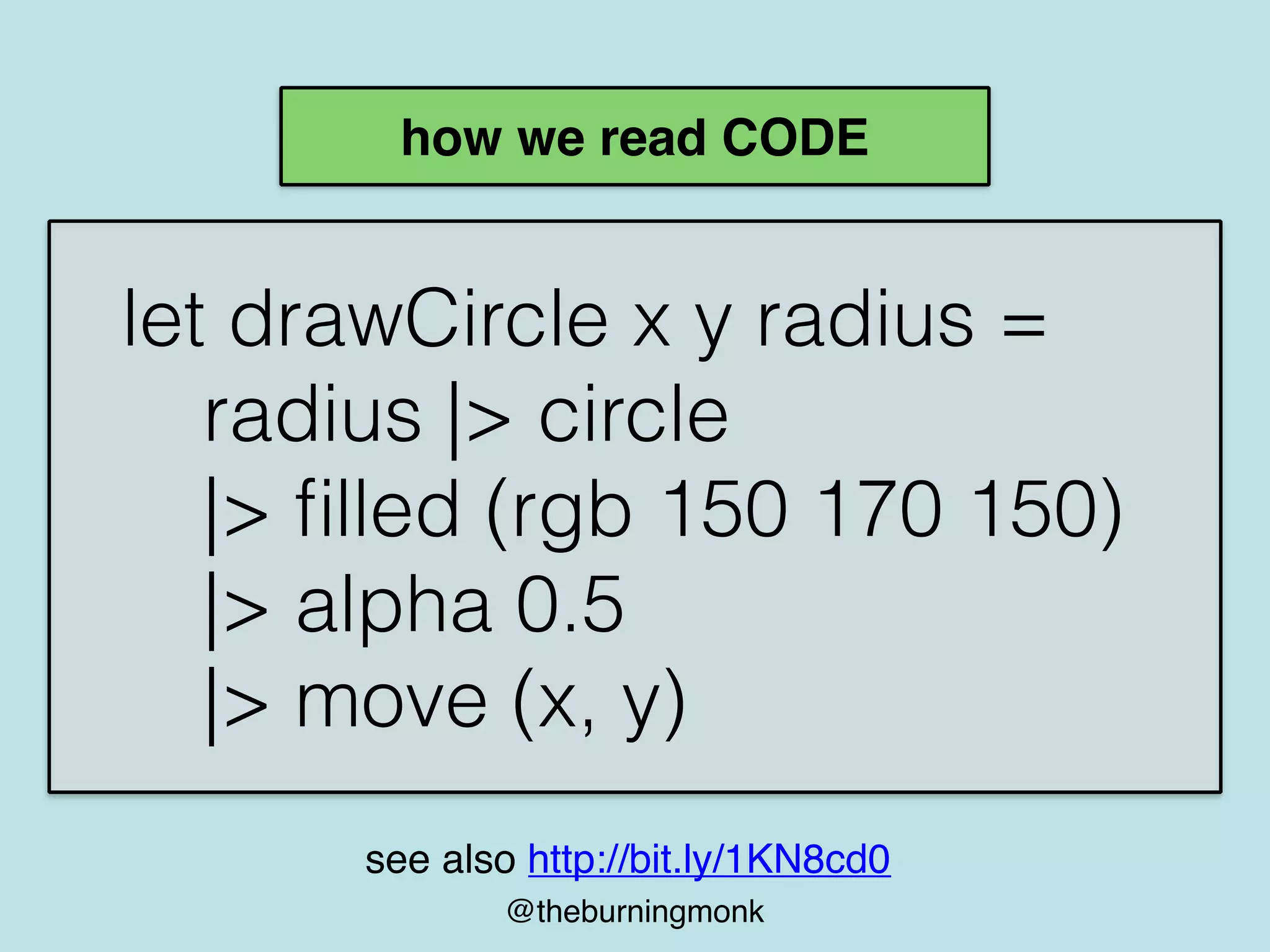 @theburningmonk
how we read CODE
let drawCircle x y radius =
radius |> circle
|> ﬁlled (rgb 150 170 150)
|> alpha 0.5
|> move (x, y)
see also http://bit.ly/1KN8cd0
 
