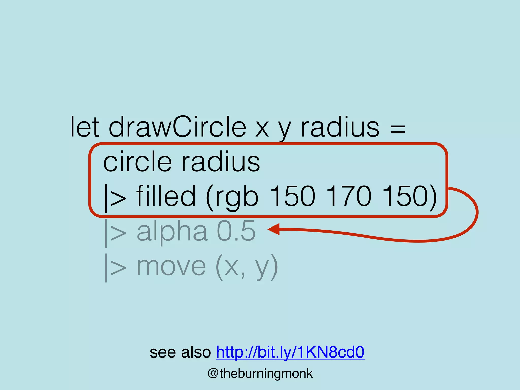 @theburningmonk
let drawCircle x y radius =
circle radius
|> ﬁlled (rgb 150 170 150)
|> alpha 0.5
|> move (x, y)
see also http://bit.ly/1KN8cd0
 