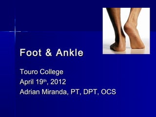 Foot & Ankle
Touro College
April 19th, 2012
Adrian Miranda, PT, DPT, OCS
 