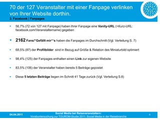 70 der 127 Veranstalter mit einer Fanpage verlinken
von Ihrer Website dorthin.
3. Facebook | Fanpages

   56,7% (72 von 127 mit Fanpage) haben Ihrer Fanpage eine Vanity-URL (=Kurz-URL:
    facebook.com/Veranstaltername) gegeben


 2162 Fans/“Gefällt mir“‘s haben die Fanpages im Durchschnitt (Vgl. Verteilung S. 7)

   68,5% (87) der Profilbilder sind in Bezug auf Größe & Relation des Miniaturbild optimiert

   98,4% (125) der Fanpages enthalten einen Link zur eigenen Website

   83,5% (106) der Veranstalter haben bereits 5 Beiträge gepostet

   Diese 5 letzten Beiträge liegen im Schnitt 41 Tage zurück (Vgl. Verteilung S.8)




04.04.2011                       Social Media bei Reiseveranstaltern:                           6
              Vorabuntersuchung zur TOUROM-Studie 2011: Social Media in der Reisebranche
 