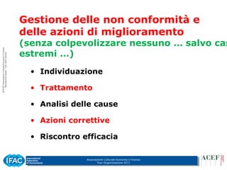 Associazione Culturale Economia e Finanza
Tour Organizzazione 2015
• Individuazione
• Trattamento
• Analisi delle cause
• Azioni correttive
• Riscontro efficacia
Gestione delle non conformità e
delle azioni di miglioramento
(senza colpevolizzare nessuno … salvo cas
estremi …)
 
