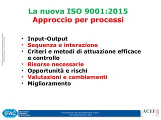Associazione Culturale Economia e Finanza
Tour Organizzazione 2015
La nuova ISO 9001:2015
Approccio per processi
• Input-Output
• Sequenza e interazione
• Criteri e metodi di attuazione efficace
e controllo
• Risorse necessarie
• Opportunità e rischi
• Valutazioni e cambiamenti
• Miglioramento
 